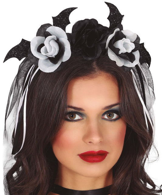 Black and White Flower Headband with Veil
