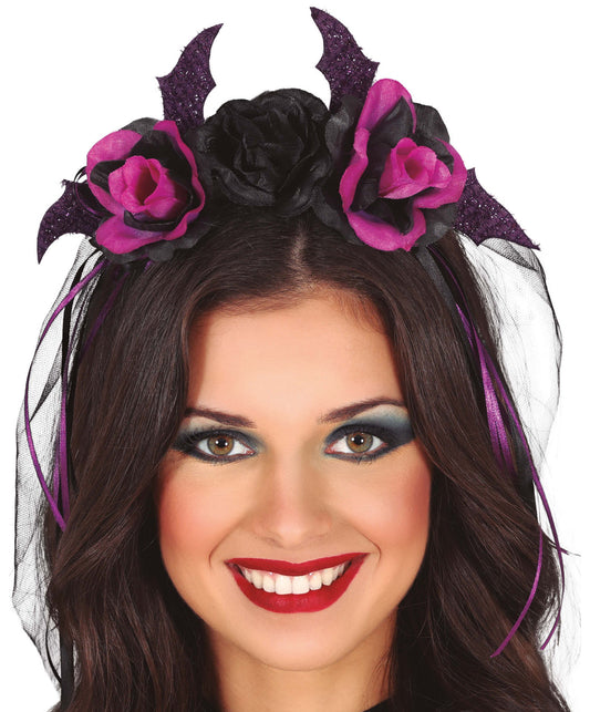 Black and Purple Flower Headband with Veil