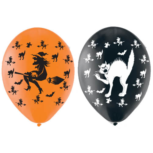 Witches and Cats Latex Balloons, Pack of 6