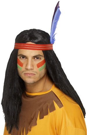 Native American Inspired Indian Brave Wig Black, Long with feather headband
