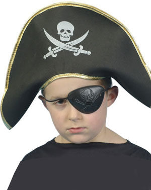 Childs Pirate Captain Hat. Black with Skull and Crossbone design and gold trim