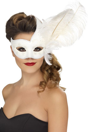 Ornate Columbina Eyemask. White with feather.