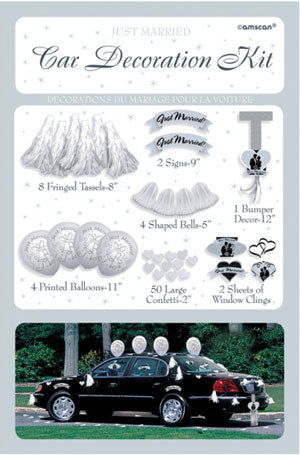 The Wedding Car Decorating Kit gives endless possibilities to customise the car with balloons and any other fun decorations. The Wedding Just Married Kit contains: 8 Fringed Tassels: 20.3cm 4 Shaped Bells: 12.7cm 4 Printed Balloons: 27.9cm 2 Just Married signs: 22.8cm 1 Bumper Decor: 30.4cm 50 Heart shaped confetti: 5cm 2 Sheets of Window Clings