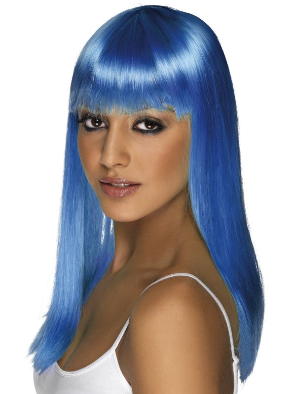 Glamourama Wig. Neon Blue. Long, straight with fringe.