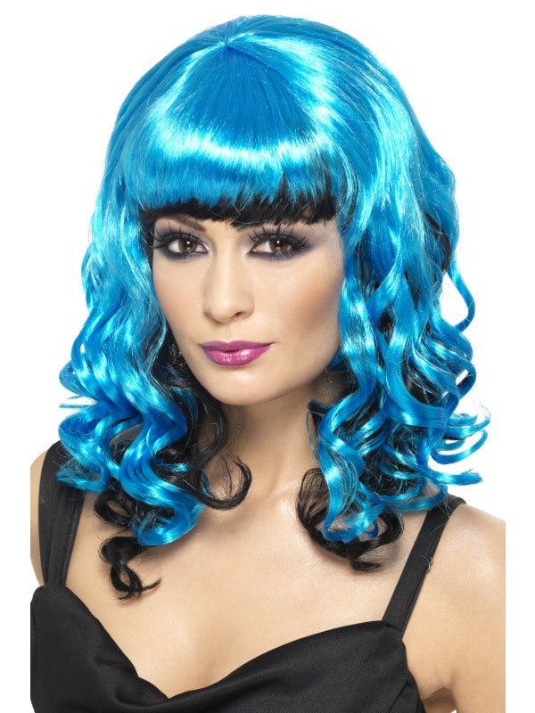 Tainted Garden Stricken Angel Wig. Blue and Black. Shoulder length with fringe and curls.