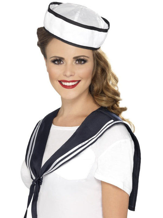 Ladies Sailor Instant Costume Kit includes hat with black rim and navy scarf
