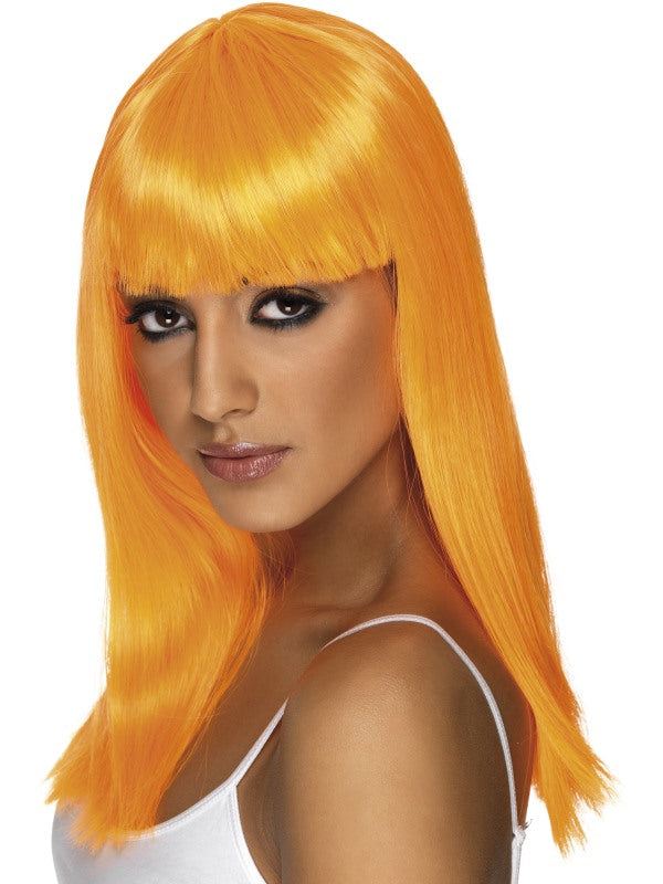 Glamourama Wig. Neon Orange. Long, straight with fringe.