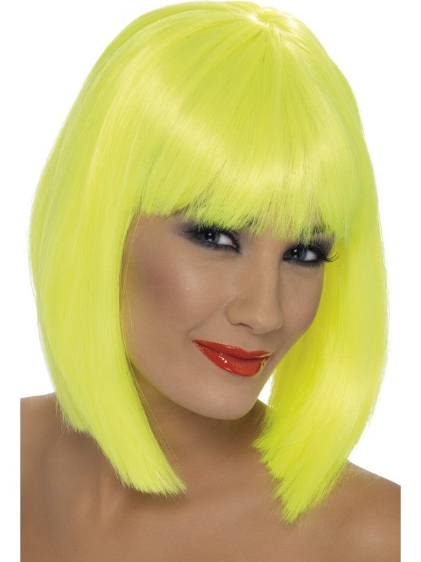 Glam Wig. Neon Yellow. Short, blunt with fringe.