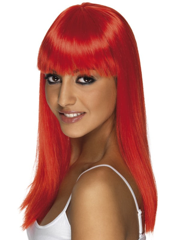 Glamourama Wig. Neon Red. Long, straight with fringe.