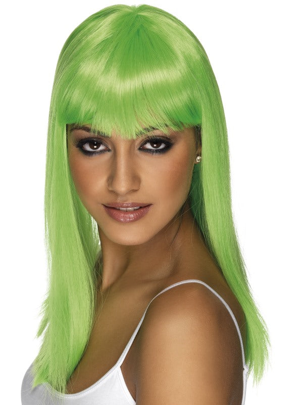 Glamourama Wig. Neon Green. Long, straight with fringe.
