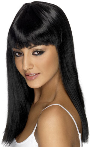 Glamourama Wig. Black. Long, straight with fringe.