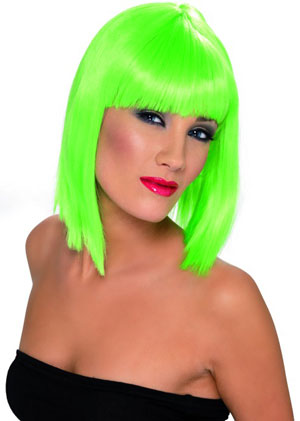 Glam Wig. Neon Green. Short, blunt with fringe.