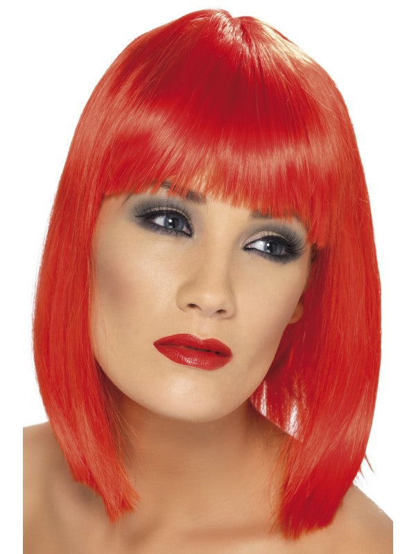 Glam Wig. Neon Red. Short, blunt with fringe.