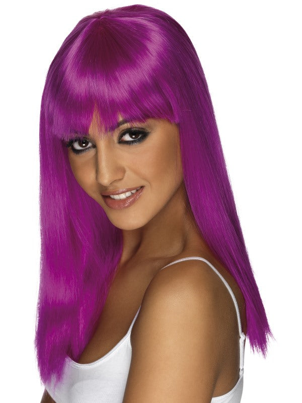 Glamourama Wig. Neon Purple. Long, straight with fringe.