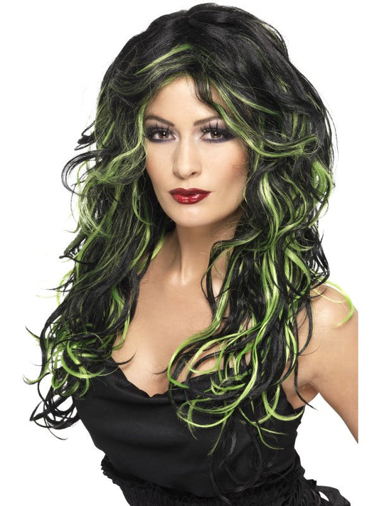 Gothic Bride Wig. Long. Black and Green. Streaked.