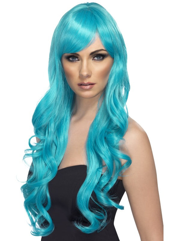 Long Blue Desire Wig, Blue. long, curly with fringe.