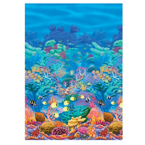 40ft Long Coral Reef Room Roll. Decorates an entire room. Each roll measures 4ft * 50ft (1.22m * 15.24m). Use together with Tropical Sunset| Beach| or another roll of Ocean Blue Room Setters for wall to ceiling coverage. Then simply add scene setters to create your scene.