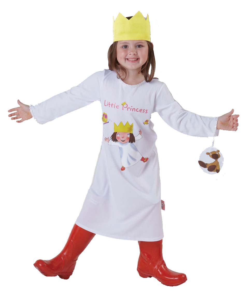 Little Princess Girls Fancy Dress Costume includes printed dress with detachable character fob and fabric crown. Wellington boots not included.