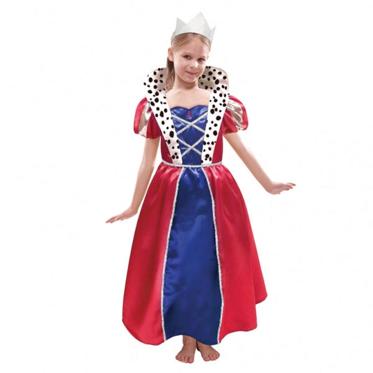 Girls Royal Queen Fancy Dress Costume includes dress and tiara. The long dress in blue and royal red is featuring silver hems and a wide ermine printed collar, the bodice has a red drop shaped diamond in the front and silver and red puff sleeves. The silver fabric crown gives the final touch to this regal costume.