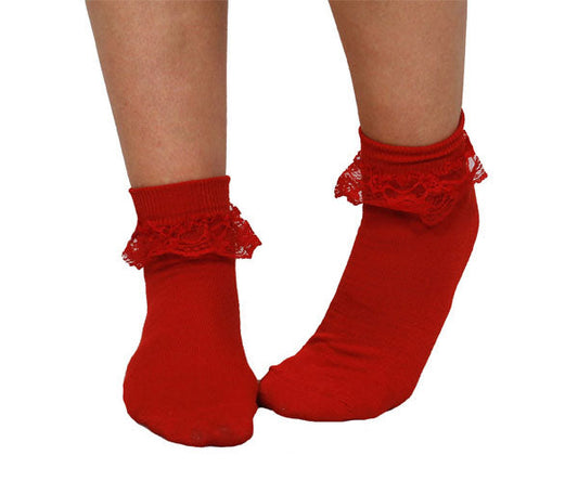 Red 1950s Style Frilly Topped Bobby Socks. One size fits most adults