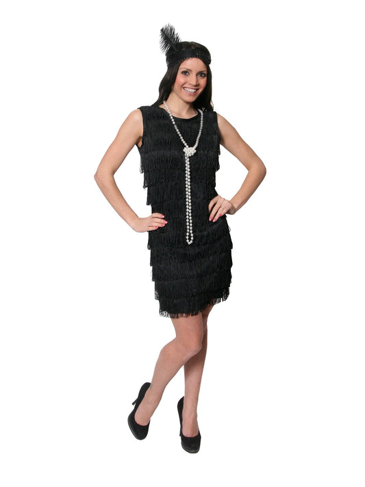 Ladies Black Fringed Flapper Costume includes| black fringed flapper dress (fringing on front of dress only) and feathered headpiece