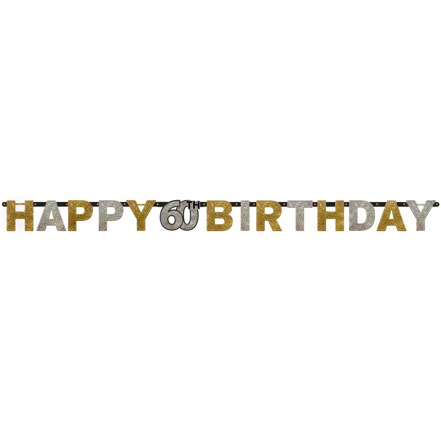 Gold Celebration 60th Happy Birthday Prismatic Letter Banner. 2.13m x 17cm