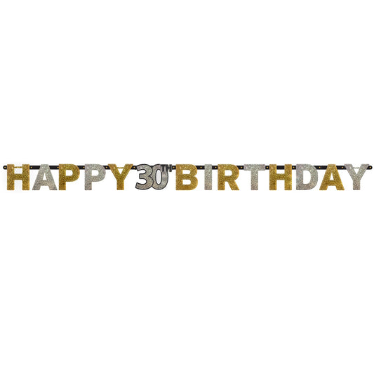 Gold Celebration 30th Happy Birthday Prismatic Letter Banner. 2.13m x 17cm