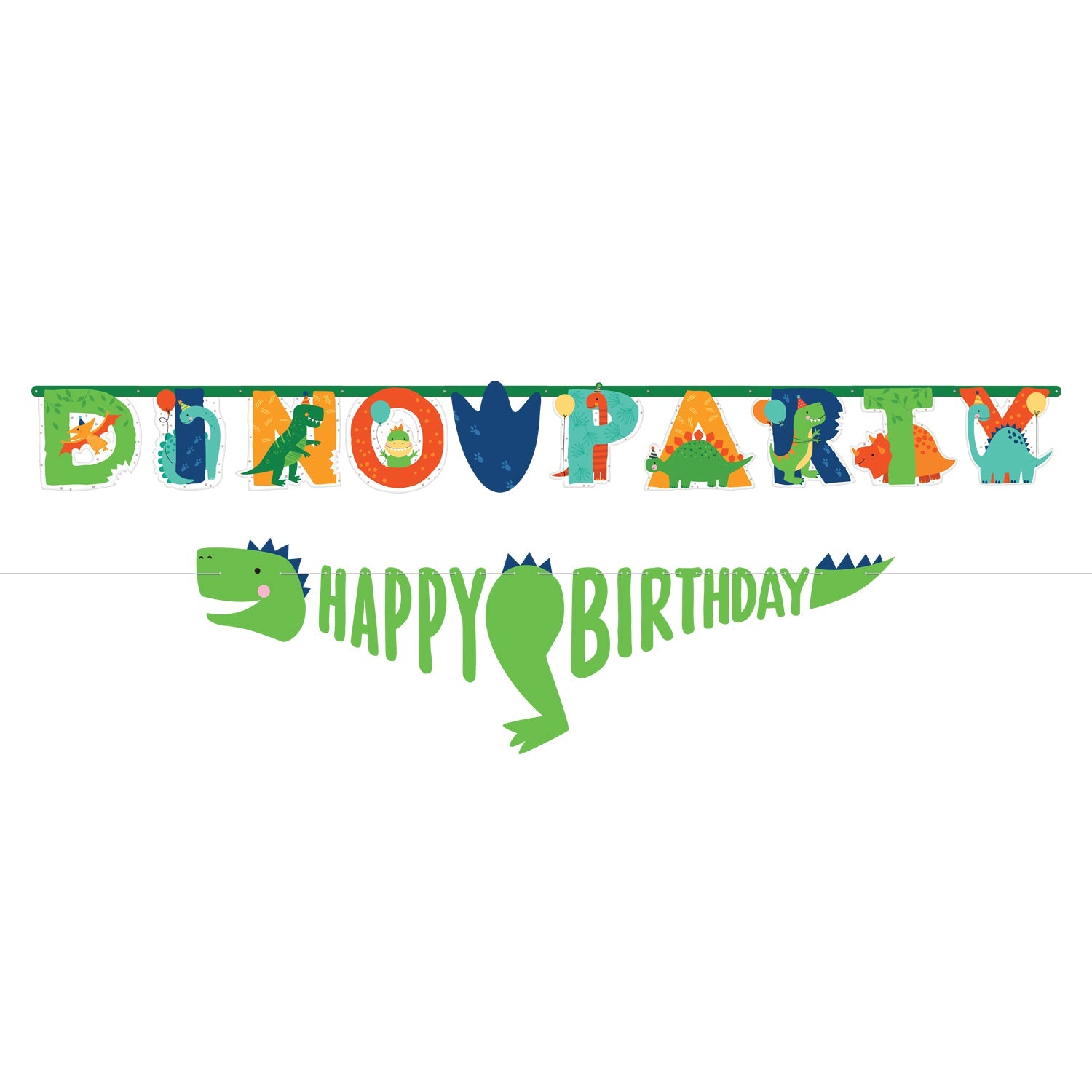 Dino-Mite Party Jumbo Personalised Letter Banner Kit includes, 1 Customisable Letter Banner 2.3m, 24 Attachable Pieces, 6 Pieces of double sided tape, 1 Mini Banner 1.82m