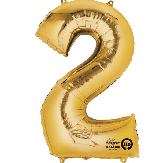 Gold Supershape Number 2 Foil Balloon 21 inches (53cm) width x 35 inches (88cm) height Balloon is sold uninflated. Can be inflated with air or helium.