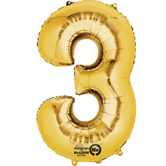 Gold Supershape Number 3 Foil Balloon 22 inches (55cm) width x 34 inches (86cm) height Balloon is sold uninflated. Can be inflated with air or helium.