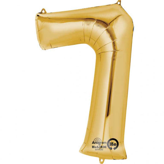 Gold Supershape Number 7 Foil Balloon 23 inches (58cm) width x 35 inches (88cm) height Balloon is sold uninflated. Can be inflated with air or helium.