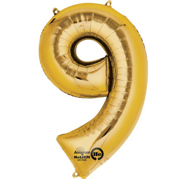 Gold Supershape Number 9 Foil Balloon 23 inches (58cm) width x 35 inches (88cm) height Balloon is sold uninflated. Can be inflated with air or helium.