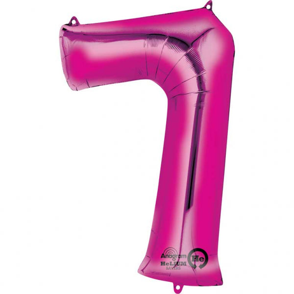 Pink Supershape Number 7 Foil Balloon 23 inches (58cm) width x 35 inches (88cm) height Balloon is sold uninflated. Can be inflated with air or helium.