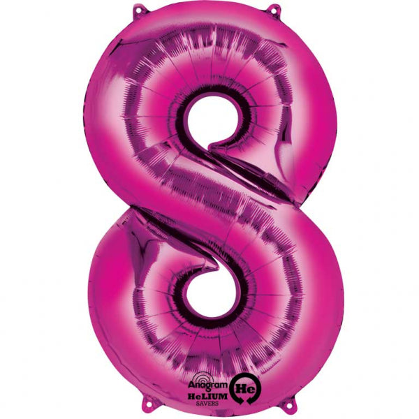 Pink Supershape Number 8 Foil Balloon 22 inches (55cm) width x 35 inches (88cm) height Balloon is sold uninflated. Can be inflated with air or helium.