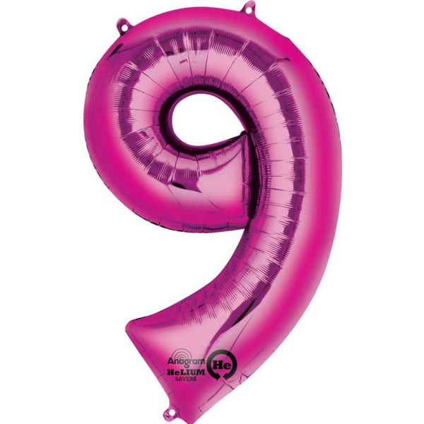Pink Supershape Number 9 Foil Balloon 23 inches (58cm) width x 35 inches (88cm) height Balloon is sold uninflated. Can be inflated with air or helium.