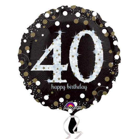 Black and Gold 40th Birthday Standard Foil Balloon (45cm). Can be inflated with air or helium. Balloon is sold uninflated.