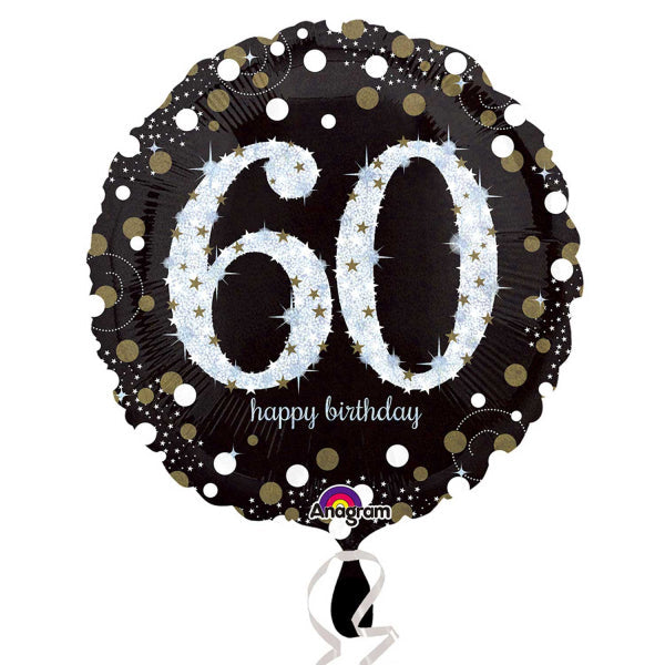 Black and Gold 60th Birthday Standard Foil Balloon (45cm). Can be inflated with air or helium. Balloon is sold uninflated.