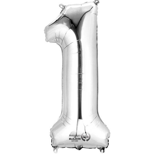 40cm (16in) Minishape Number 1 Silver Foil Balloon Air Fill, Includes straw for air inflation.