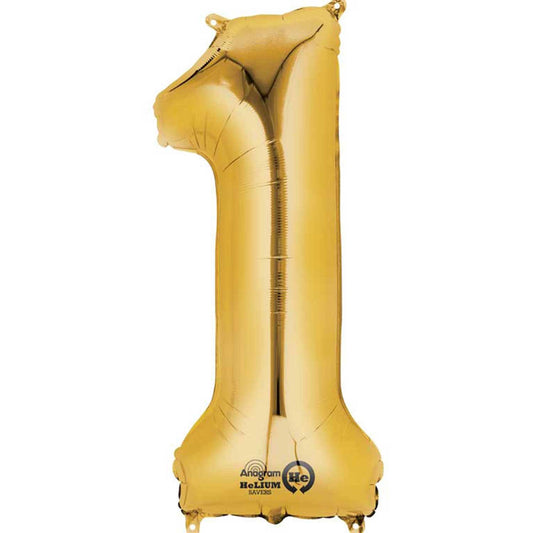 40cm (16in) Minishape Number 1 Gold Foil Balloon Air Fill, Includes straw for air inflation.