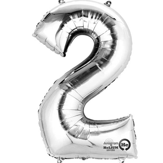 40cm (16in) Minishape Number 2 Silver Foil Balloon Air Fill, Includes straw for air inflation.