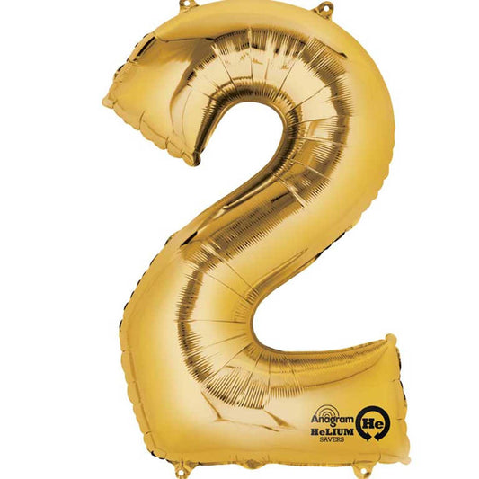 40cm (16in) Minishape Number 2 Gold Foil Balloon Air Fill, Includes straw for air inflation.