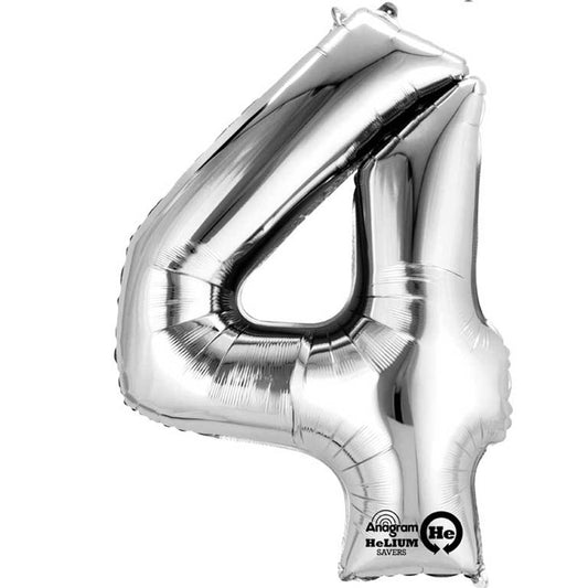 40cm (16in) Minishape Number 4 Silver Foil Balloon Air Fill, Includes straw for air inflation.