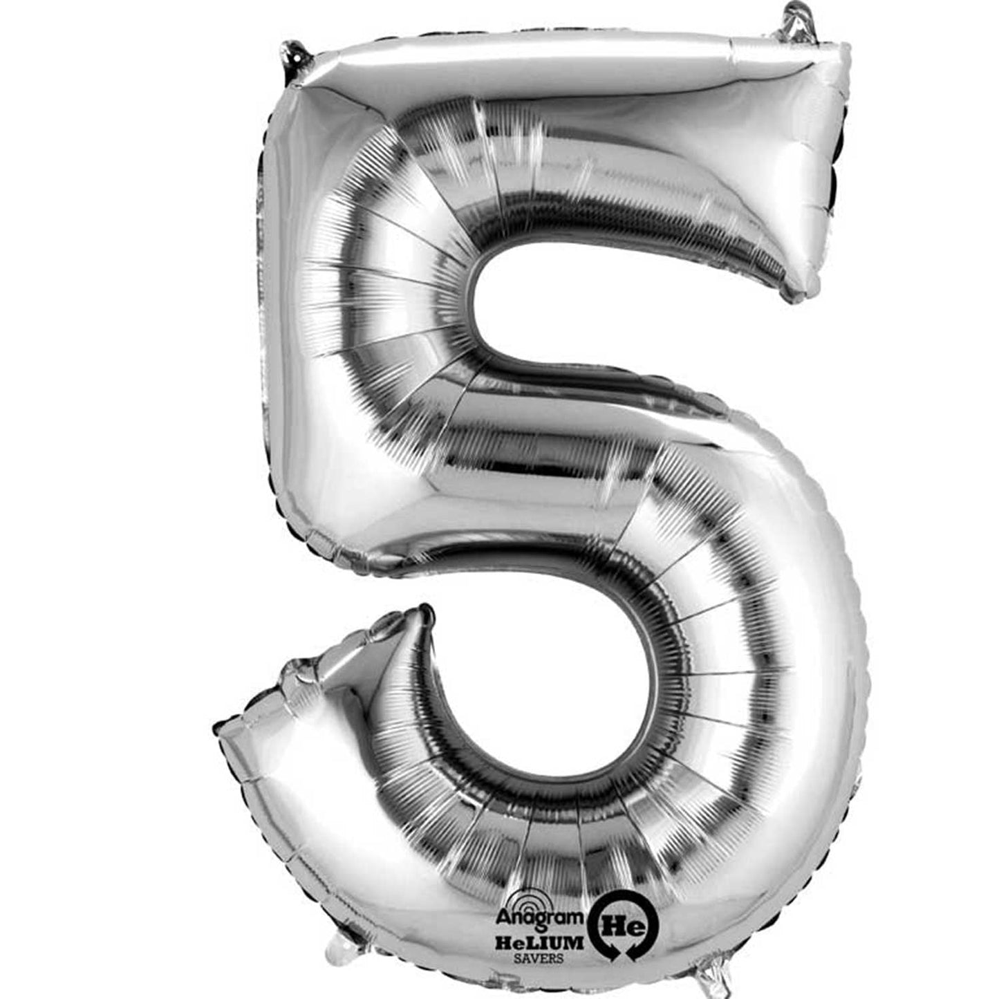 40cm (16in) Minishape Number 5 Silver Foil Balloon Air Fill, Includes straw for air inflation.