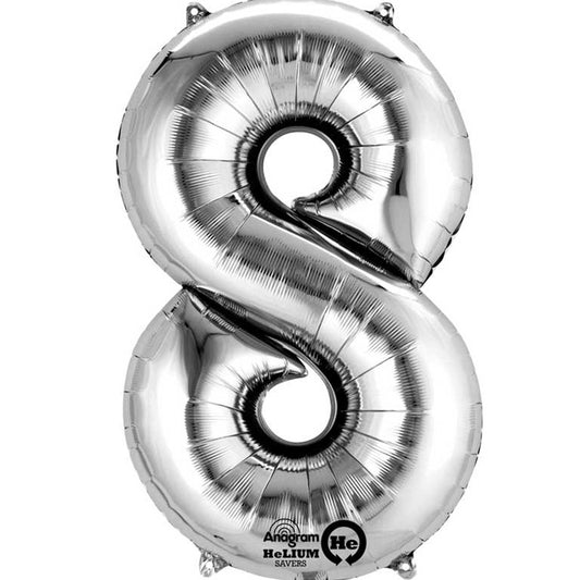 40cm (16in) Minishape Number 8 Silver Foil Balloon Air Fill, Includes straw for air inflation.