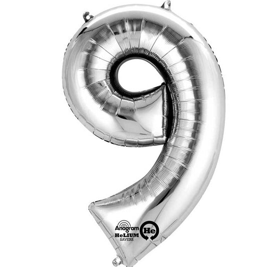 40cm (16in) Minishape Number 9 Silver Foil Balloon Air Fill, Includes straw for air inflation.