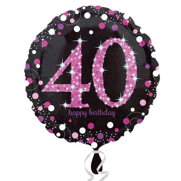 Black and Pink 40th Birthday Standard Foil Balloon (45cm). Can be inflated with air or helium. Balloon is sold uninflated.