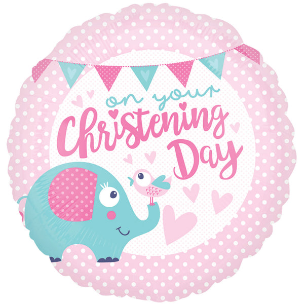 Christening Day Pink Standard Foil Balloon. 18 inch. Sold uninflated. Inflate with air or helium.