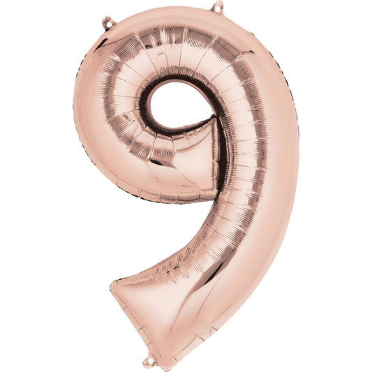 40cm (16in) Minishape Number 9 Rose Gold Foil Balloon Air Fill, Includes straw for air inflation.