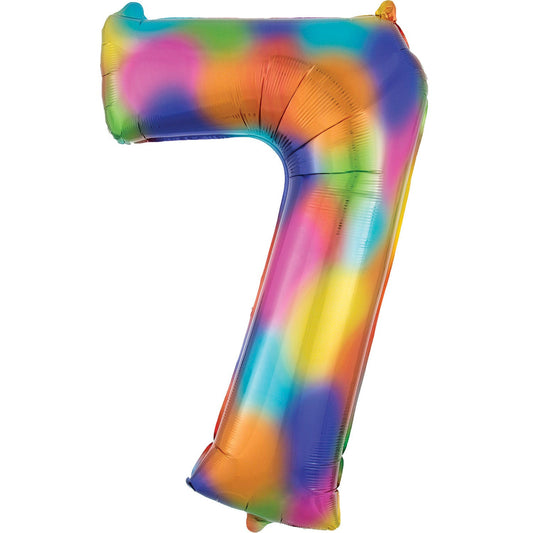 Rainbow Splash Supershape Number 7 Foil Balloon 88cm (35in) height by 55cm (22in) width Balloon is sold uninflated. Can be inflated with air or helium.