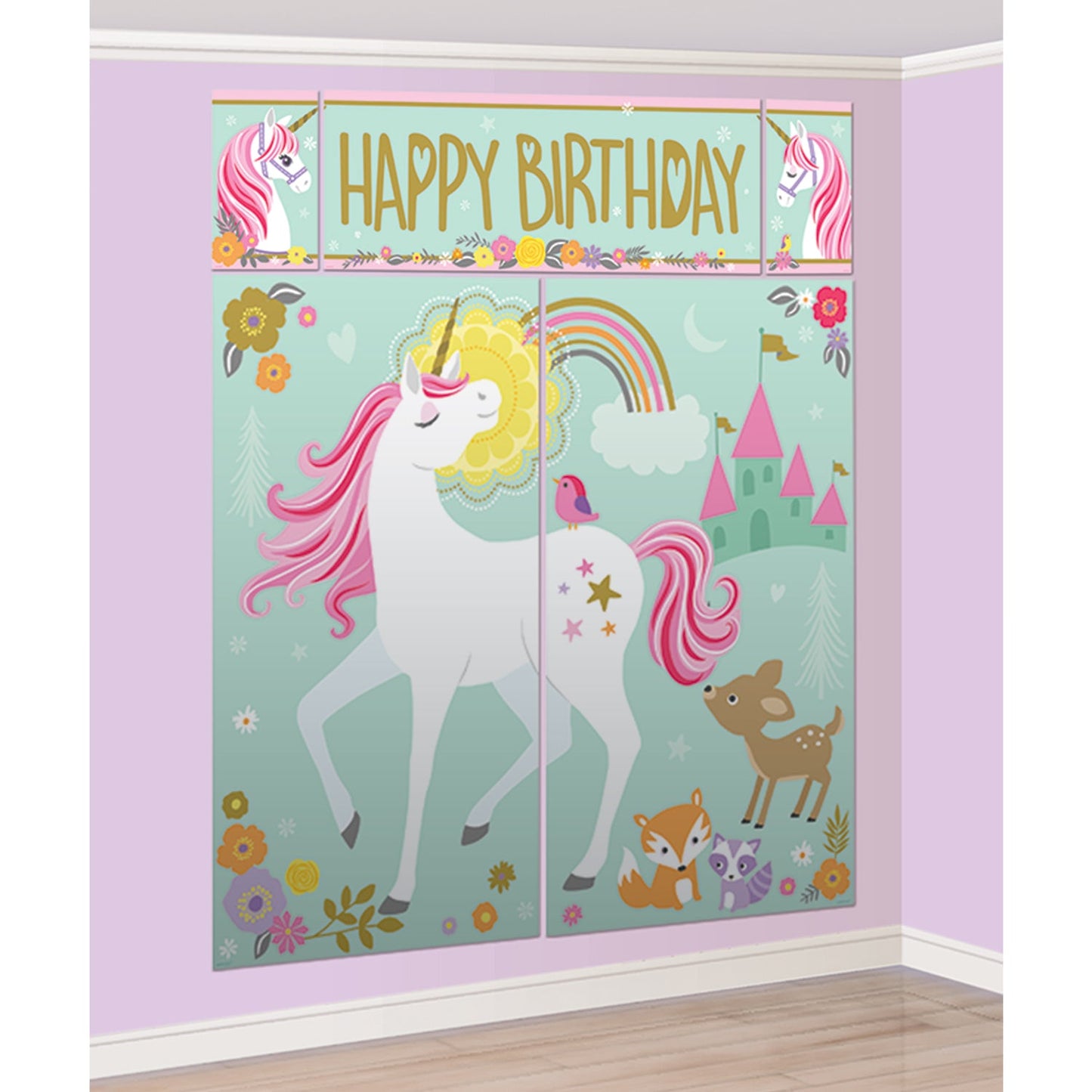 Magical Unicorn Wall Decoration Kit with Photo Props contains: Wall decoration backdrop consisting of 2 pieces 82.5cm x 1.5m, 2 pieces 26cm x 40cm, 1 piece 1.13m x 40cm and 12 Photo Props